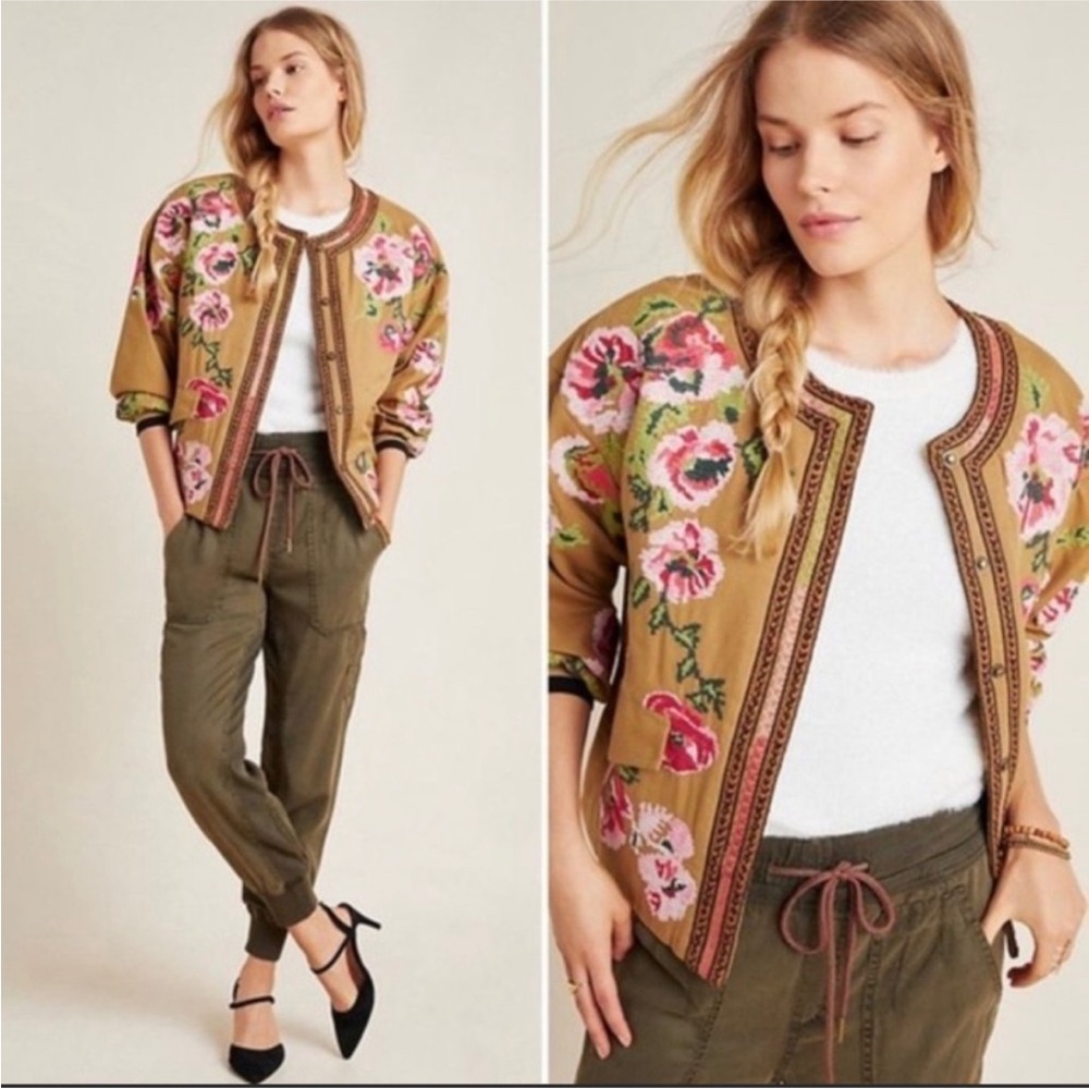 Anthropologie Floral Embroidered Bomber Jacket - Tan and Pink